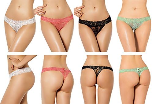 OHYEAHNY 4PCS Women Low Waist Rose Lace Embroidery Thong-Black/White/Pink/Green G-Strings