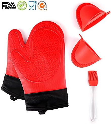 TOPBRY Heat Resistant Silicone Oven Gloves Non-Slip(1 Pair) for Kitchen Grilling Cooking and Baking&amp; 2 Free BONUS Items - Brush &amp; Pot Holder (red)