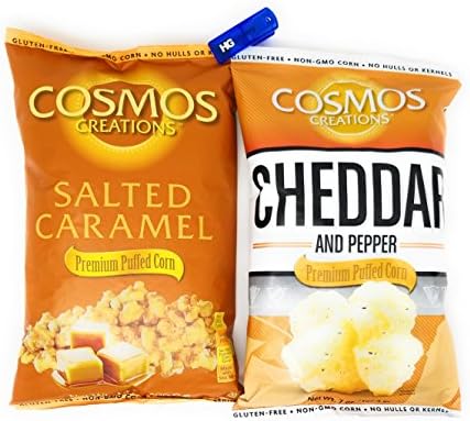 Cosmos Creations Premium Puffed Corn 2 Pack, Gluten Free, Non GMO Snacks, Bonus One HG Grocery Bag Clip (Colors Vary) (Salted Caramel &amp; Cheddar Pepper, 14 &amp; 7 Ounce)