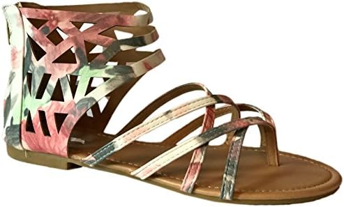 New Womens Sandals Roman Gladiator Flats T Straps Thongs Ladies Shoes Medusa &amp; Eva (7.5, FloralGld915)