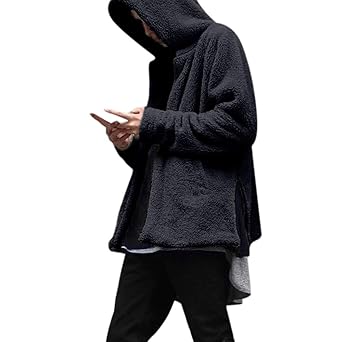 Geili Herren Plüsch Mantel Kuschelfleece mit Kapuze Jacke Hoodie Herbst Winter Warm Einfarbige Seite Schlitz Strickjacke Loos