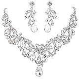 BriLove Women's Bohemian Boho Crystal Filigree Vine Leaf Hollow Statement Necklace Dangle Earrings Set