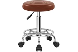 WKWKER PU Leather Stool with Wheels Modern Round Rolling Stool with Footrest 360°Swivel Height Adjustable Stool Chair for Home Work Drafting Spa Salon Massage Beauty Stools Small (Brown)