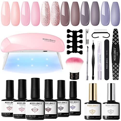 Modelones Gel Nail Polish Kit with U V Light, 6 Colors Soak Off Gel Nail Polish, Portable Mini Curing LED Lamp, FRENCH TONE Style Gel Manicure Kit Salon DIY Gift for Nail Art Lover Beginner
