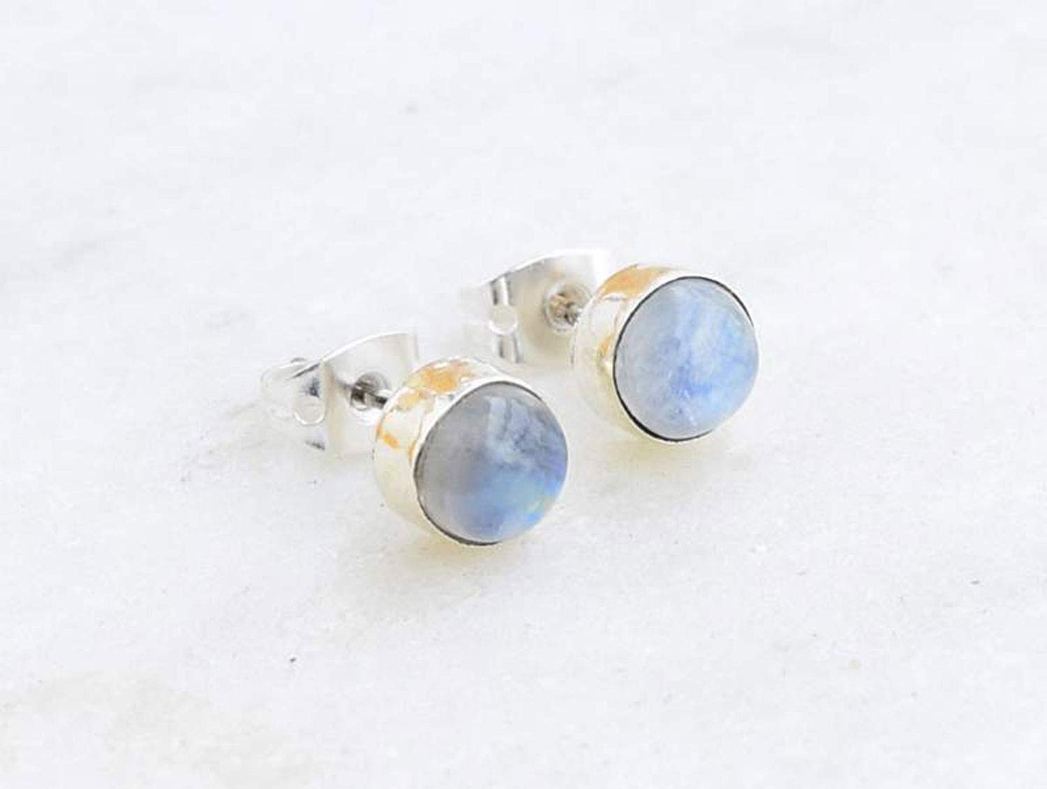 Rainbow Moonstone Stud Post Earrings 925 Sterling Silver Gemstone Earring 6 MM Round Gift