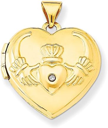 14k Yellow Gold Claddagh Heart Locket Pendant Small 0.005ct Diamond Accented