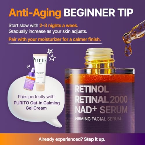 PURITO Retinol 0.1% + Retinal 0.1% Anti-Aging Facial Serum | for Wrinkles, Fine Lines & Firmer Skin | Dual Retinoids with NAD+, Improve Elasticity & Skin Texture | Korean Skincare, 30mL 1.01 fl.oz
