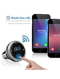 Transmisor FM Bluetooth, HiFi audio inalámbrico Bluetooth Transmisor FM [coche inteligente localizador] [Cargador de coche USB Dual] [32G SD Tarjeta TF Control de Música] [llamadas con manos libres] para teléfono, Plateado