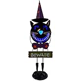 Solar Black Cat Halloween Decorations Outdoor- Black Cat Figurine with Witch Hat, 24 Inch Spooky Halloween Cat Decor with Color Change LED Lights
