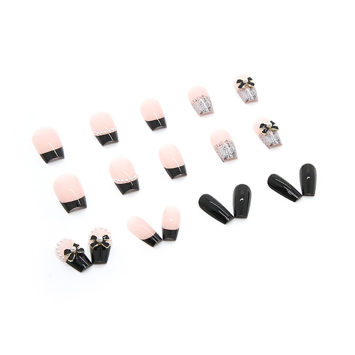 24Pcs Artificial Acrylic Fake Nails With Black Pearl Bow Designs - Full Cover Reusable Coffin Shape Press On Nails - Medium Length, Women's Glue On Stick On Nails For Nail Art - Image 4