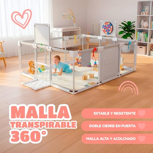Baby Playpen 120x180 cm - Padded Baby Playpen - Equipped with musical mat, Velcro dartboard, basket, goal and more accessories - Safe Baby Playpen - See video for assembly
