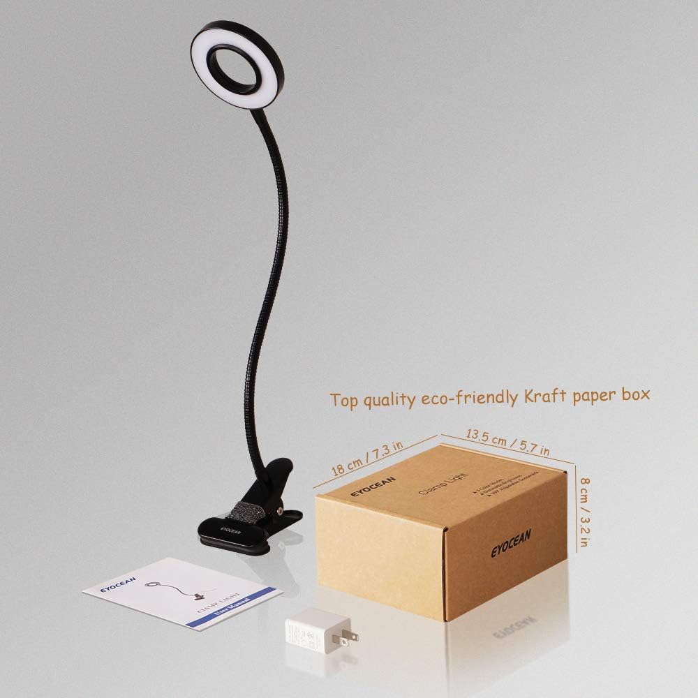 Clamp Desk Lamp, EYOCEAN Clip on Light Reading Lights with 3 Color Changeable, Flexible Night Light 3 Modes 9 Dimming Levels(Included AC Adapter) for Indoor, Black - - 