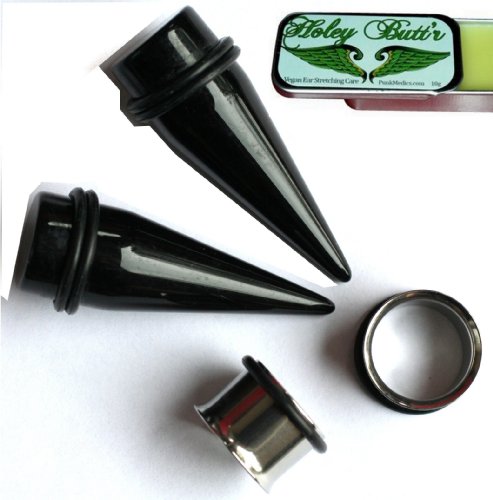 PAIR of Black Tapers and 316L Steel Tunnels Ear Stretching Kit gauges gauging plugs PLUS Holey Butt'r (7/8