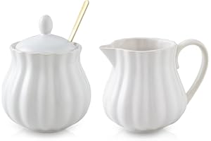 Selamica Ceramic Sugar and Creamer Set, 7.5 oz Sugar Bowl with Lid Spoon, Tea or Coffee Serving Set with Cream Pitcher, Dishwasher Safe, Set of 3, White
