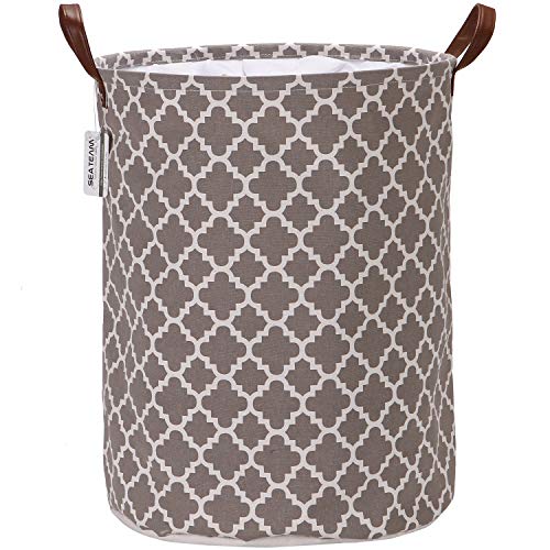 Sea Team Moroccan Lattice Pattern Laundry Basket Canvas Laundry Basket Foldable Storage Bin with PU Leather Handles and Drawstring Closure, 19.7 x 15.7 inches, Waterproof Interior