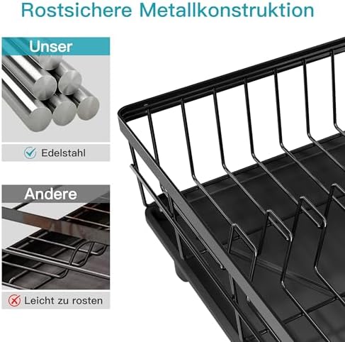 Abtropfgestell Geschirr aus Edelstahl mit Abtropfschale, Schwarz