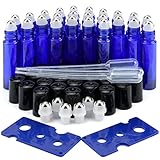 Glass Roller Bottles, 24 Pack 10 ml Cobalt Blue Essential Oil Roller Bottles with Stainless Steel Roller Balls (3 Dropper, 6 Extra Roller Balls, 2 Bottle Opener)