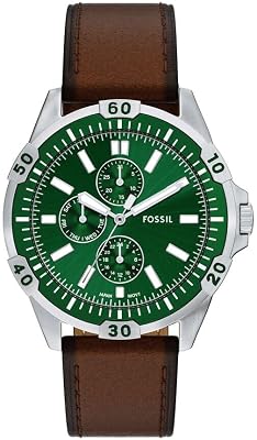 Garrett Montre Homme, Mouvement Multifonction Quartz avec bracelet en acier inoxydable ou cuir, Marron et vert, 44 mm