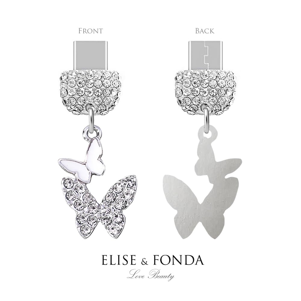 TP226 Type-C Charging Port Crystal Anti Dust Plug Little Double Butterflies Cell Phone Charm for Samsung/OnePlus/Xiaomi/oppo Android Phone iPhone 15/16