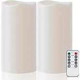 Amagic 2 Pack 8" x 4" Outdoor Plastic Electric flameless Candles with Remote Control and Timer, Battery Operated Flickering LED Pillar Fake Candle for Home, Wedding Decor, Ivory