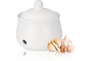 Ceramic Garlic Keeper for Counter, Garlic Holder Storage Jar with Lid, Vented Ginger Potato and Onion Storage Containers for 