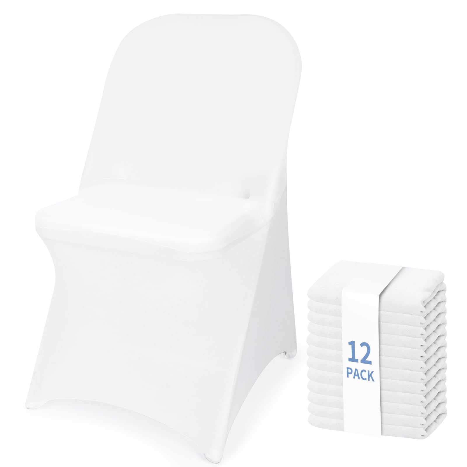 Fixwal 12 Pcs White Folding Chair Covers, Spandex Stretch Covers - Ideal for Weddings, Parties, Dining, Business Meetings, Banquets, Universal Fitted Washable Slipcovers.