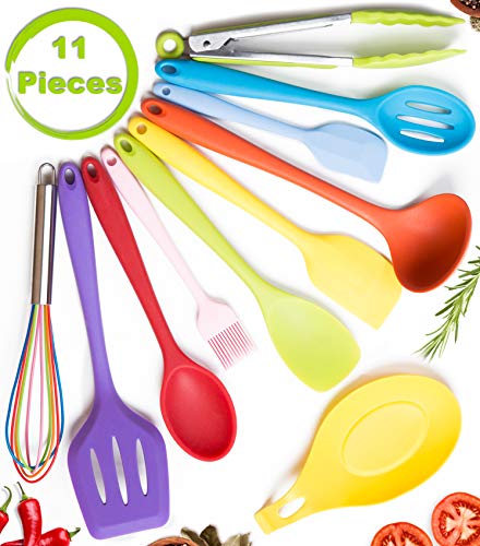 11pc Silicone Kitchen Utensil Set By CuisineFacets Colorful Cooking Utensils With Spatula, Serving Tools, Accessories And FREE Spoon Rest - Heat Resistant Spatulas And Spoons For Non-Stick Cookware