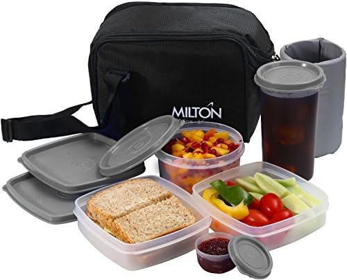 Insulated Lunch Bag Box Kit, Milton 5 Pc Set, Adults Men Women, Leakproof Airtight Containers Cooler Tote with Adjustable Shoulder Strap for Work School and Travel - Black
