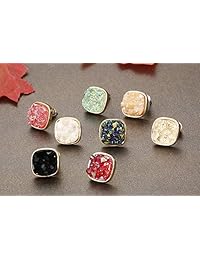 Finrezio - Juego de 8 pares de pendientes cuadrados de resina con piedra de druzio sintético, para mujeres, hombres, chapados en oro, joyería de 0.394 in