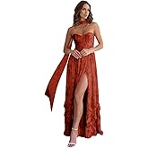 Floral Chiffon Bridesmaid Dresses for Women Ruffle Prom Dress with Scarf A Line Long Formal Evening Party Gowns with Slit