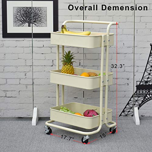 Iris'Home 3-Tier Metal Rolling Utility Cart with Handles, Art Storage Cart, Makeup Cart with Wheels, Lash Cart Organizer, Book Cart, Bathroom Cart, Beige