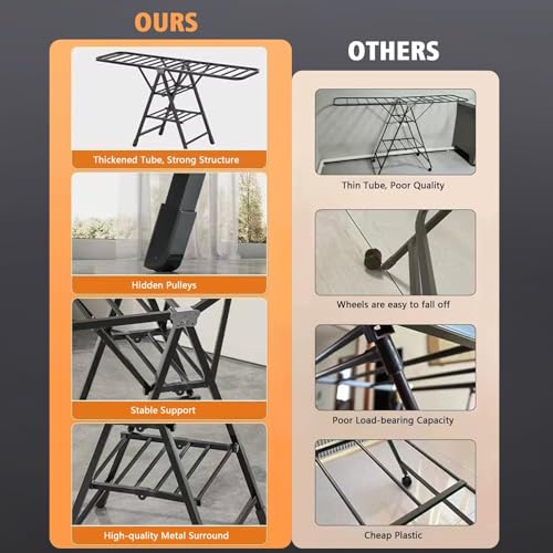 Foldable Clothes Drying Rack, 3 Tier Laundry Dry Rack Height Adjustable Clothes Hanger Stand Drying Racks, Carbon Steel Laundry Drying Rack Stand for Sheets Towels & Clothing, Indoor Outdoor Use (125)