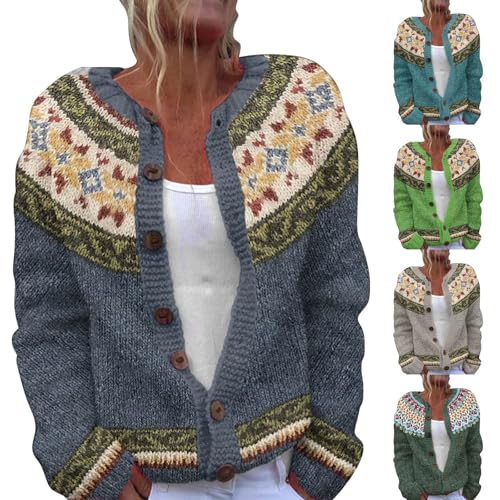 Ladies Cardigans, Cardigans for Women UK Lightweight Long Sleeve Button Down Crewneck Knit Sweaters Soft Printed Casual Open Front Shrugs Jumper L Dark Gray