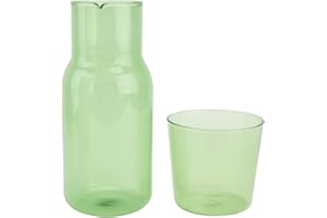 ELEOUTI Glass Cup and Water Kettle Set with Lid Green Glass Carafe for Home Office and Bedside Use