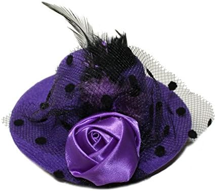Lucore 4 Inch Mini Top Hat Hair Clip Accessory - Rose, Feather and Mesh Veil Girls Fashion Clipon Miniature Hairpin Headwear (Purple)
