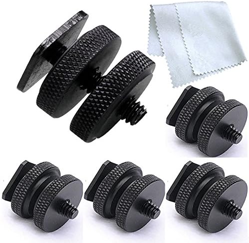 Ruixy CSC1 1/4-Inch 20 Tripod Screw to Hot Shoe/Cold Shoe Adapter ALL METAL 2 nuts with Premier Cleaning Cloth (Black) 5 Pieces