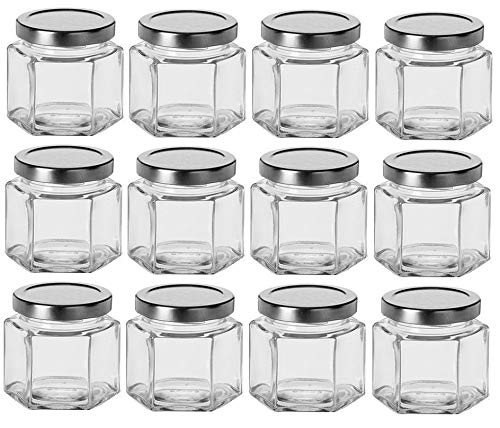 Nakpunar12 pcs 4 oz Hexagon Glass Jars with Silver Lids (4 oz, Silver)