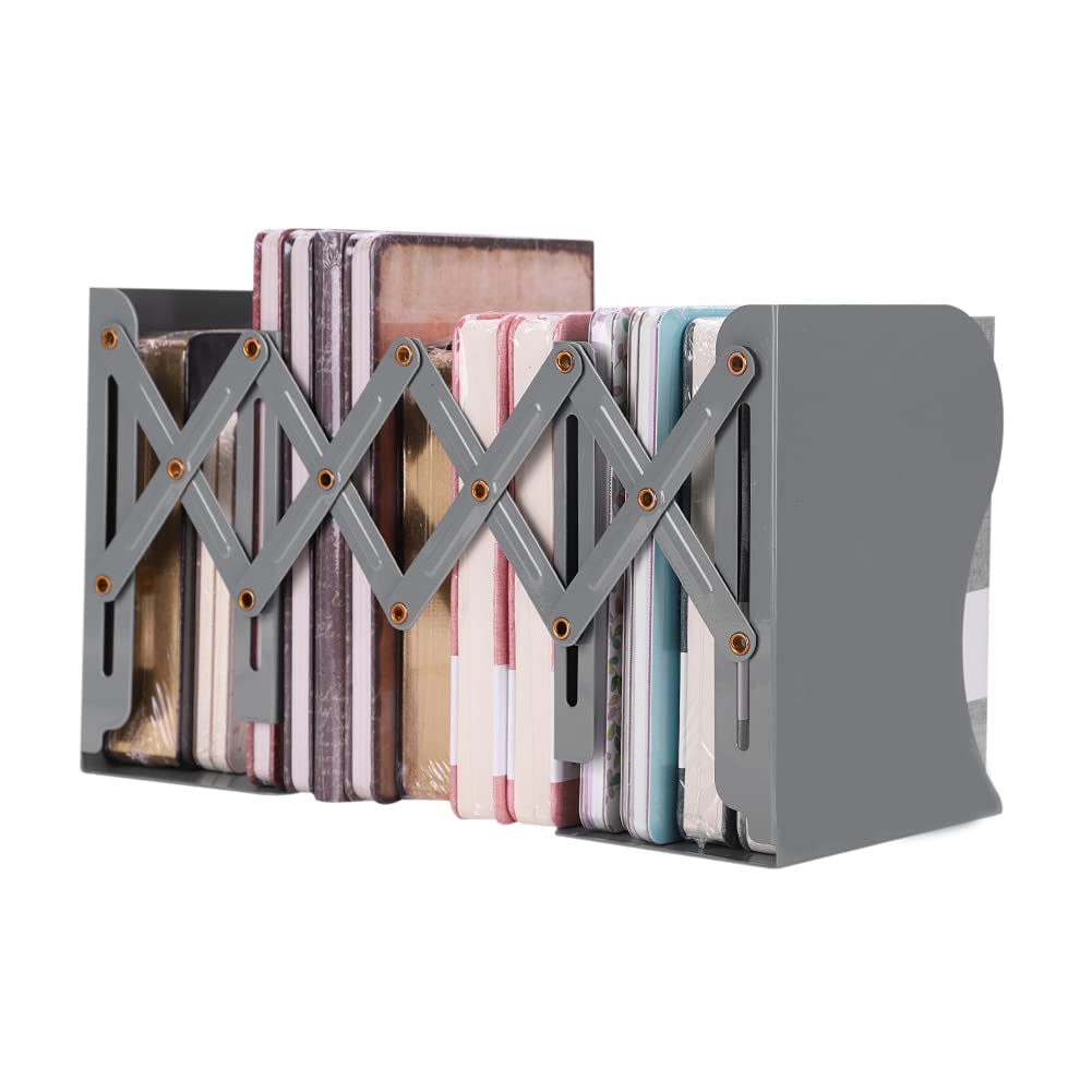 Expandable Bookends Heavy Duty Desktop Book Holder Metal Book Ends Document Dividers Desk Book Storage Organiser Bookshelf Grey for Shelves Kids Children Office School Library