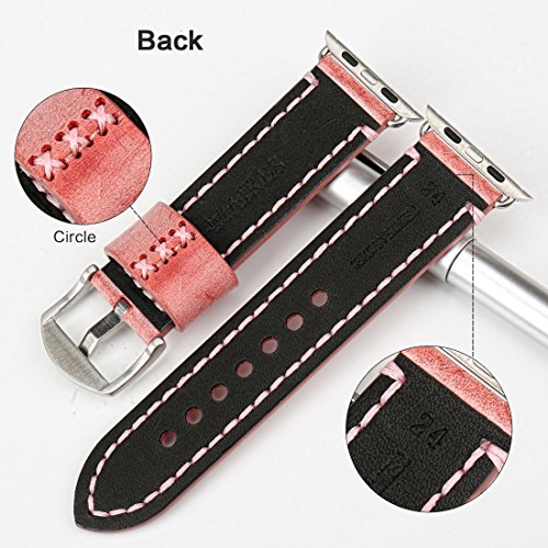 MAIKES Special Bridle Leather Apple Watch Strap for iWatch Apple Watch Band 42mm 38mm Series 3 2 1 Watchband (for Apple Watch 42mm, Red+Silver Buckle)