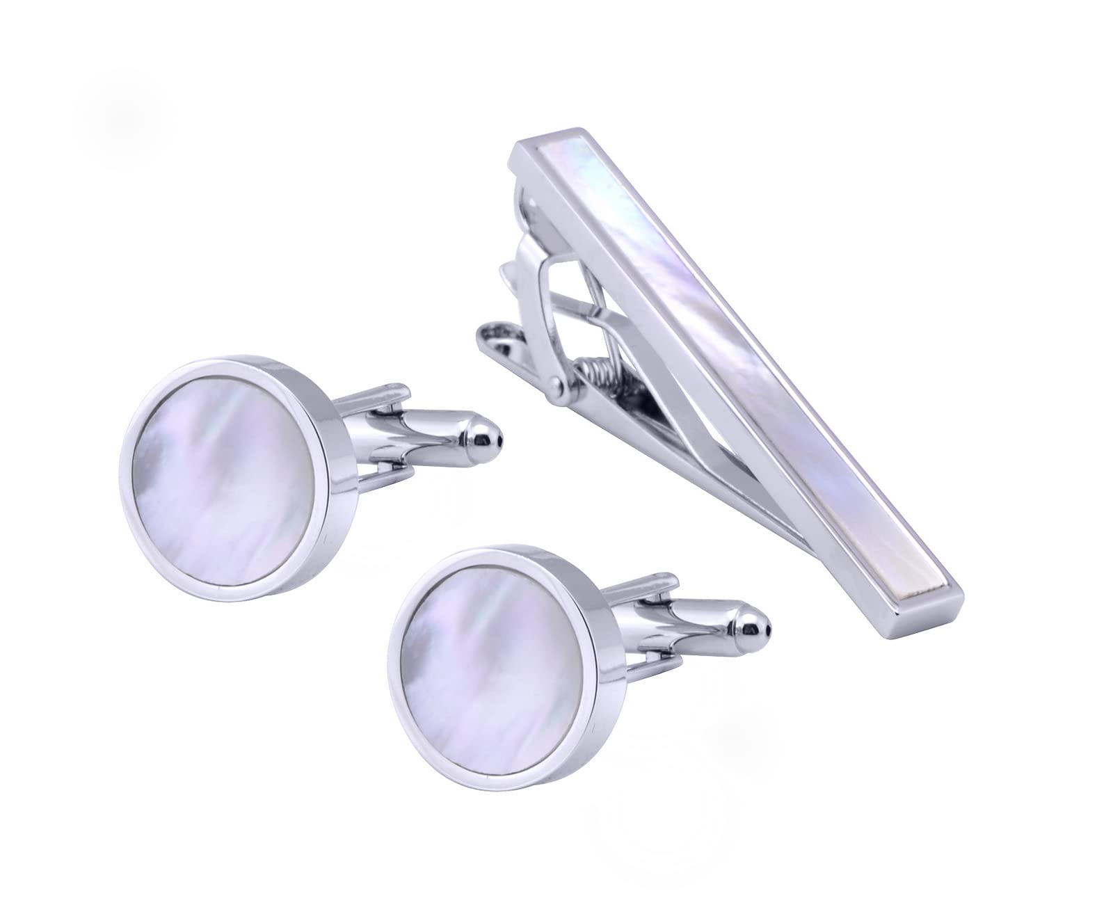 Jonwo Mother of Pearl Men Cufflinks and Tie Clip Set Regular Necktie Tie Bar Pin Cuff Links for Wedding Business Shirt Tie (Silver Tie Clip and Cufflinks Set)