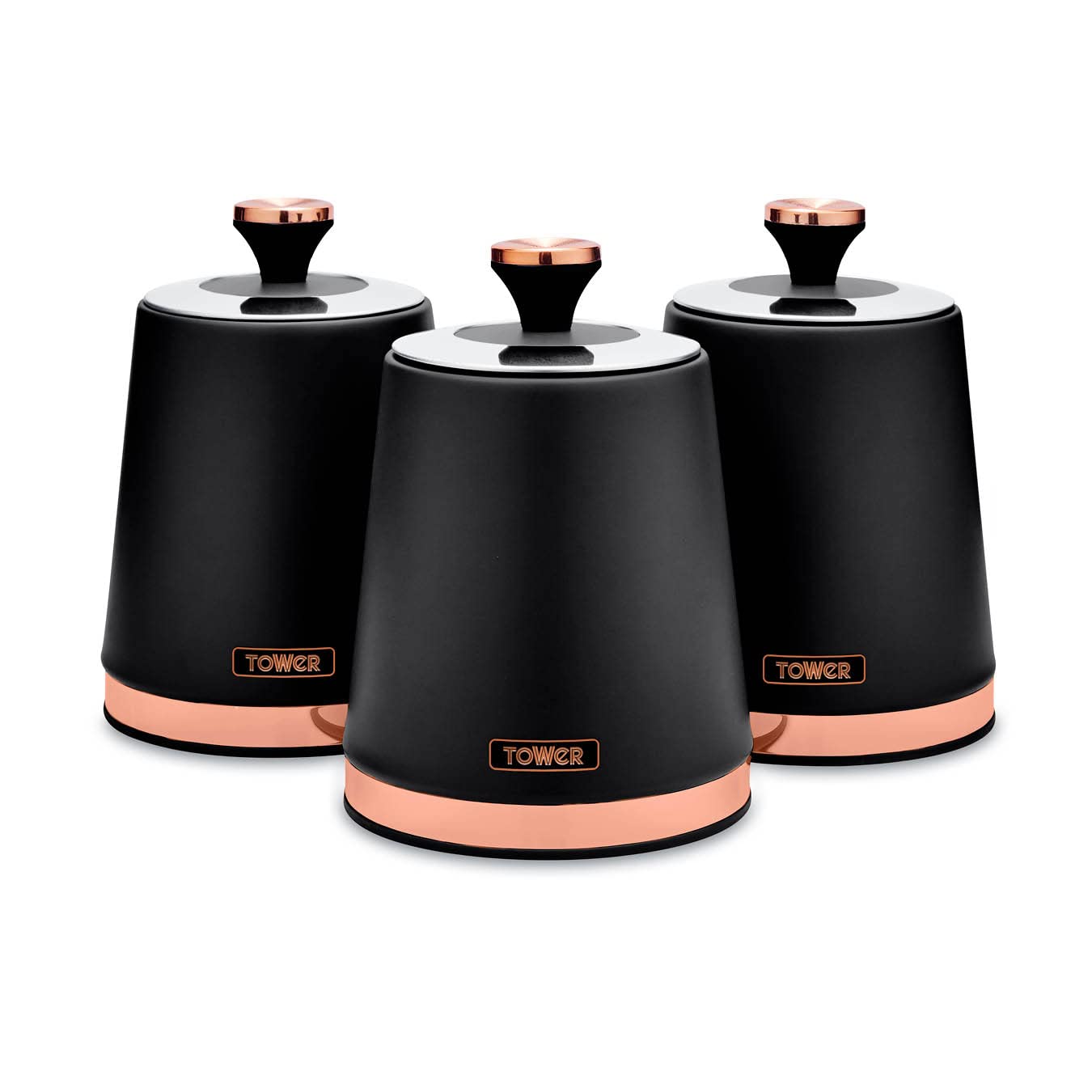 Tower Cavaletto Set of 3 Storage Canisters for Tea/ Coffee/ Sugar, Steel, Black and Rose Gold