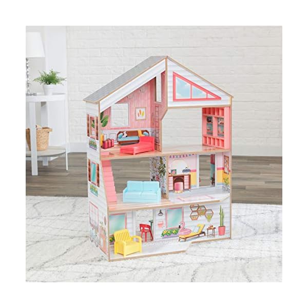 KidKraft 10064 Charlie Puppenhaus aus Holz mit Möbeln und Zubehör Spielset mit 3 Spielebenen für Puppen bis 18 cm – Bild 4
