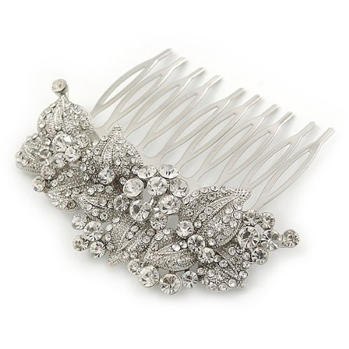 Bridal/ Wedding/ Prom/ Party Rhodium Plated Austrian Clear Crystal 'Leaves & Flowers' Hair Comb - 80mm