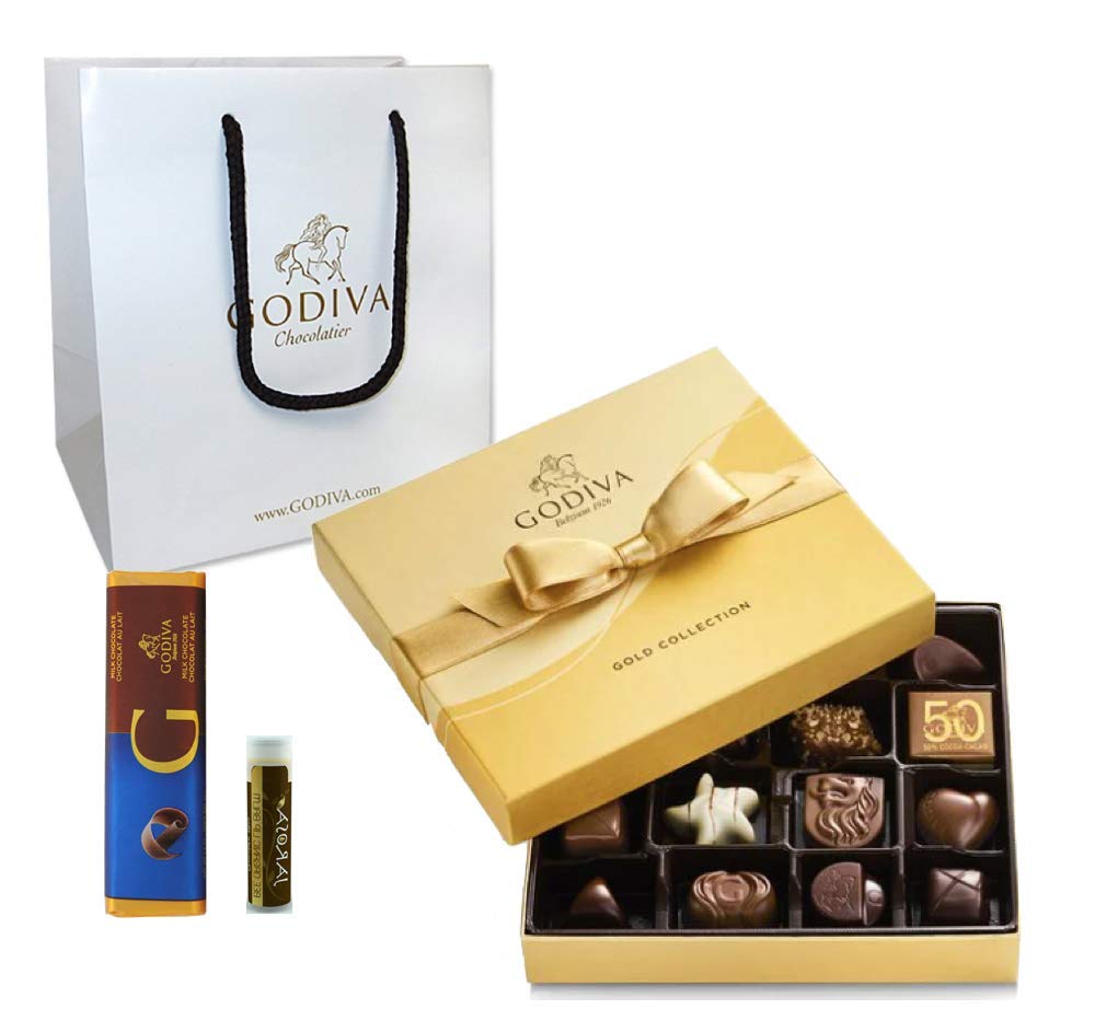 Godiva Chocolatier Gold Ballotin Classic Gold Ribbon, 19 Pieces with Solid Milk Chocolate Bar, Godiv