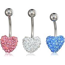Women's Set Of 3 Surgical Stainless Steel Blue/White/Pink Cubic Zirconia Heart Belly Button Body Piercing Jewelry Ring, One Size