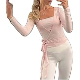 Women Y2k Long Sleeve Wrap Crop Top Ballet Pilates Workout Yoga Tie Front Shirts V Neck Slim Fit Wrap Corset Tops