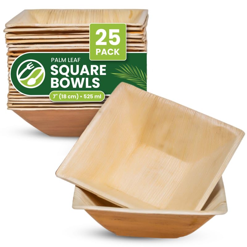 ECO Leaf 25 Disposable Palm Leaf Square Bowls 7" (18cm), 525ml (18oz) - Compostable Soup, Dessert & Salad Bowls, Deep Square, Eco-Friendly, Biodegradable for Parties, Oven Safe