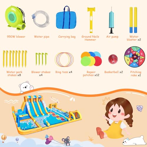 ELEMARA 12-in-1 Inflatable Water Slide Park for Big Kids, 20.07x15.91FT Bouncer with 3 Long Slides, Climbing Wall, Digital Springboard & Splash Pool, Includes 950W Air Blower