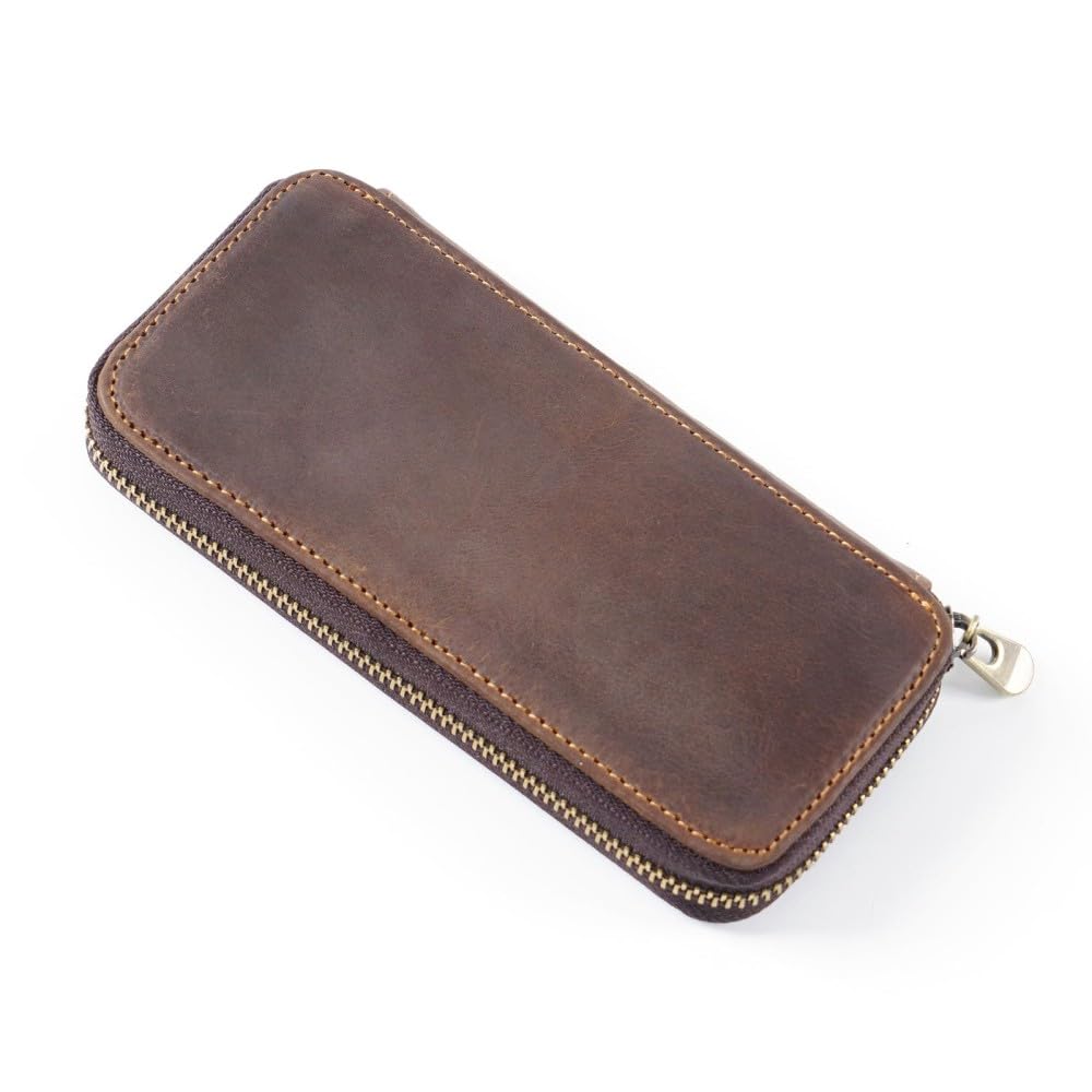 DONGKER Leather Pencil Pouch Case,Zippered Pen Pencil Stationery Bag with 3 Elastic Rope Pen Places& 1 Card Clip for Office