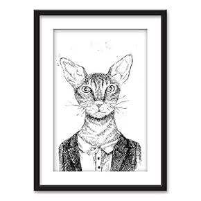 Framed Wall Art - Hand Drawn Mr Cat - Black Picture Frames White Matting - 23x31 inches